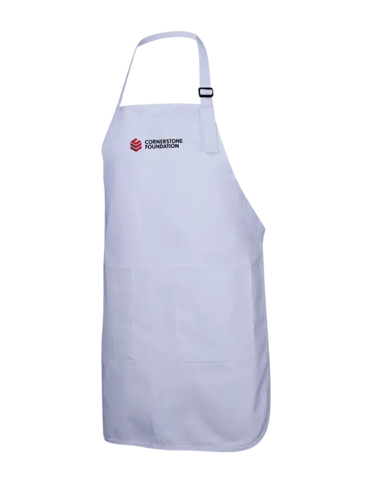 Full-Length White Apron With Pockets w/Cornerstone Foundation logo