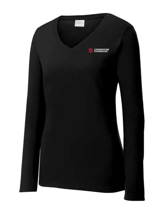 Womens V-Neck Ring Spun Jet Black 4.5 oz Long Sleeve T-Shirt w/Cornerstone Foundation logo