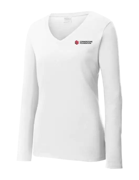 Womens  V-Neck Ring Spun White 4.5 oz Long Sleeve T-Shirt w/Cornerstone Foundation logo