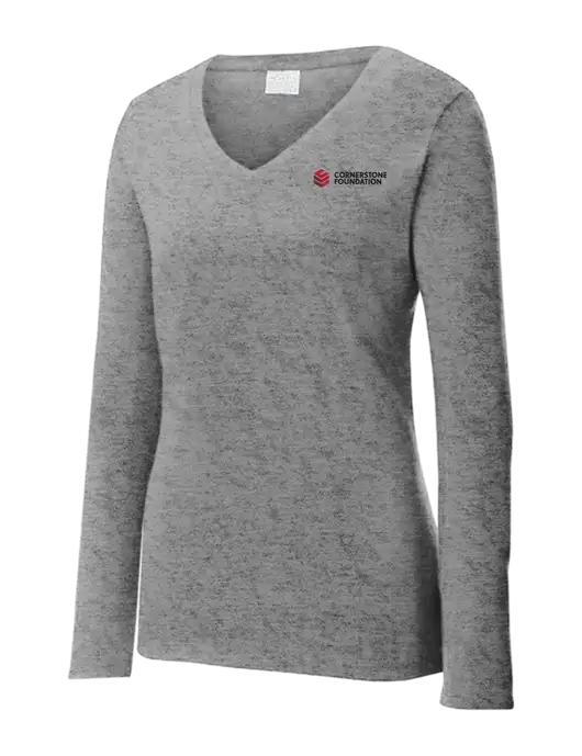 Womens  V-Neck Ring Spun Grey Heather 4.5 oz Long Sleeve T-Shirt w/Cornerstone Foundation logo