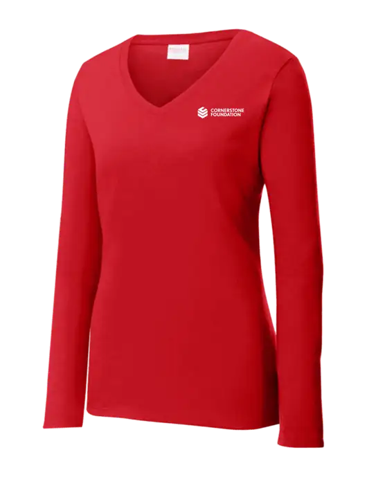 Womens  V-Neck Ring Spun Bright Red 4.5 oz Long Sleeve T-Shirt w/Cornerstone Foundation logo