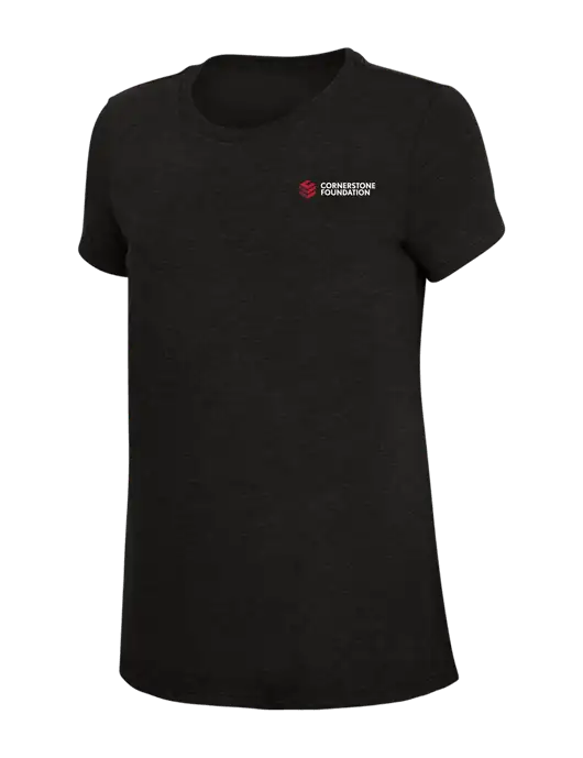 Womens Simply Soft Black 4.5oz Poly/Combed Ring Spun Cotton T-Shirt w/Cornerstone Foundation logo
