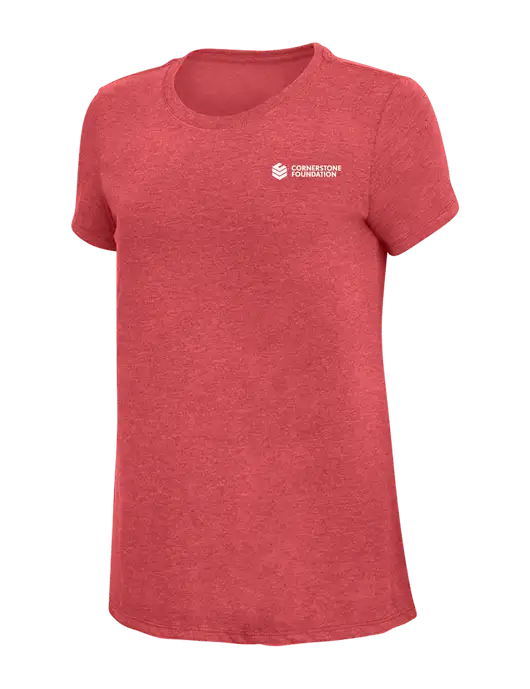 Womens Simply Soft Red Frost 4.5oz Poly/Combed Ring Spun Cotton T-Shirt w/Cornerstone Foundation logo