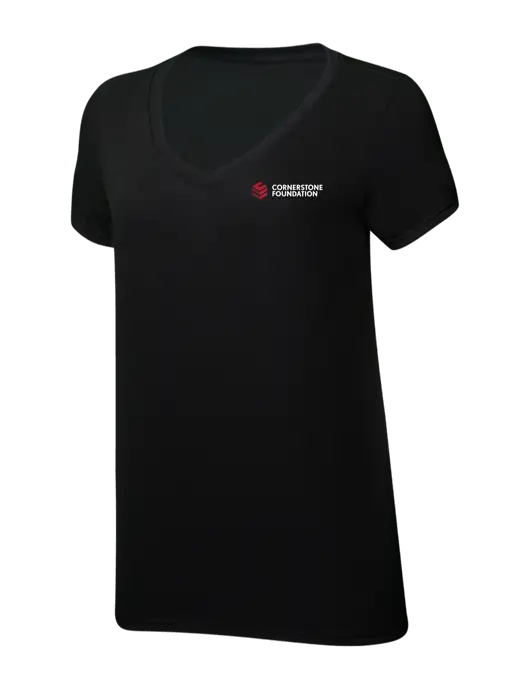 Womens Simply Soft V-Neck Black 4.5oz  Poly/Combed Ring Spun Cotton T-Shirt w/Cornerstone Foundation logo