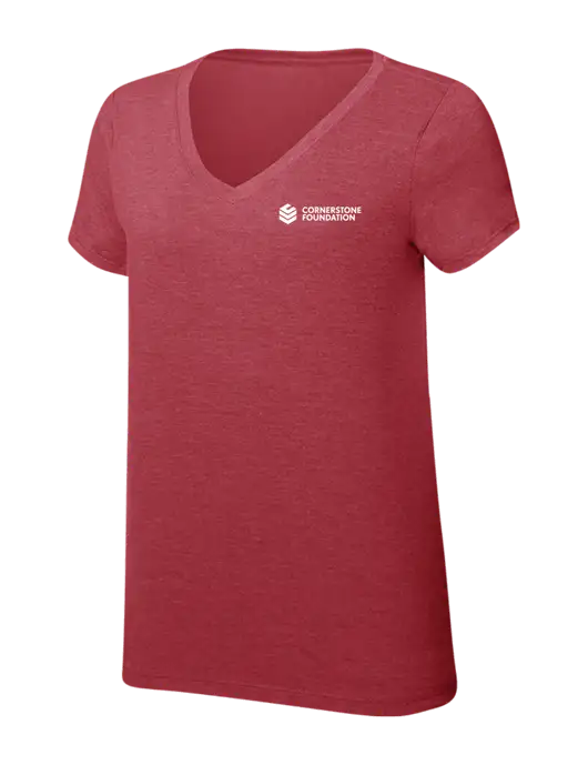 Womens Simply Soft V-Neck Red Frost 4.5oz  Poly/Combed Ring Spun Cotton T-Shirt w/Cornerstone Foundation logo