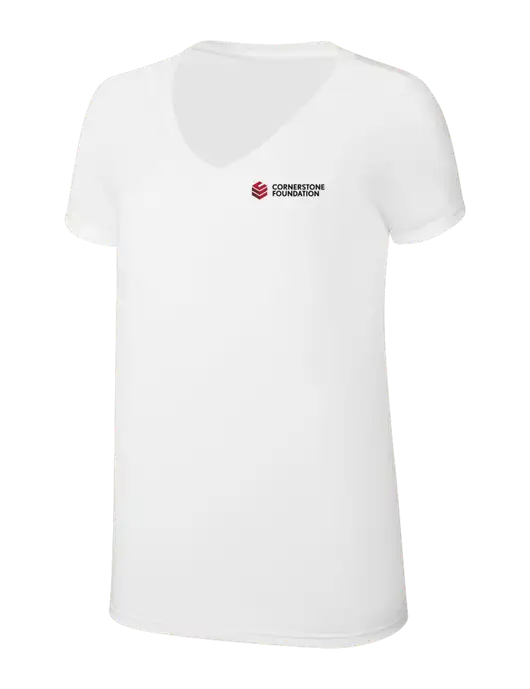 Womens Simply Soft V-Neck White 4.5oz  Poly/Combed Ring Spun Cotton T-Shirt w/Cornerstone Foundation logo