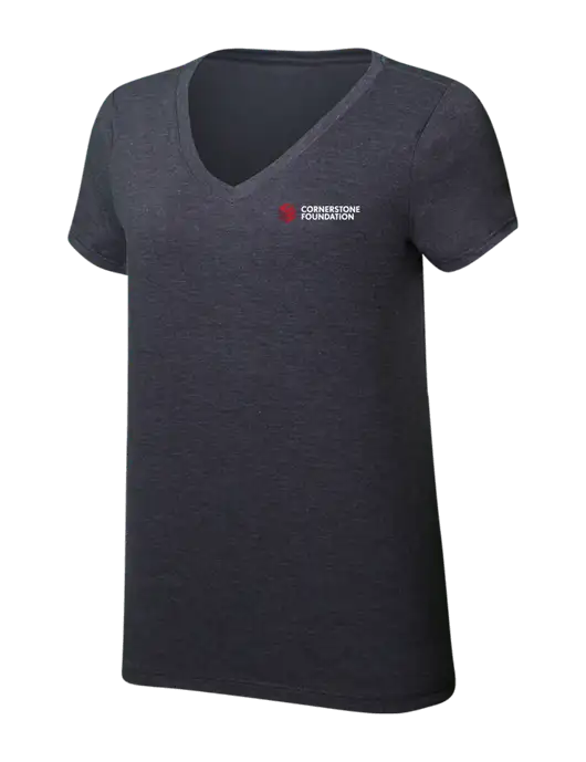 Womens Simply Soft V-Neck Heather Charcoal 4.5oz  Poly/Combed Ring Spun Cotton T-Shirt w/Cornerstone Foundation logo