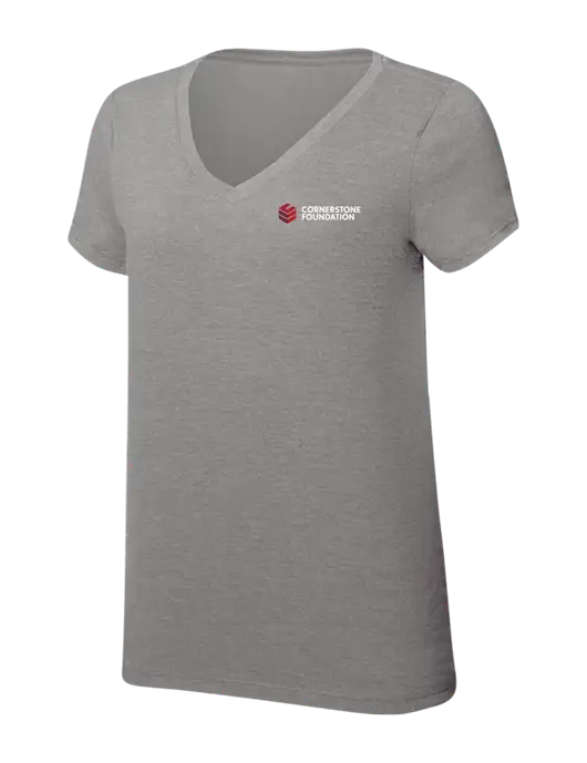 Womens Simply Soft V-Neck Grey Frost 4.5oz  Poly/Combed Ring Spun Cotton T-Shirt w/Cornerstone Foundation logo