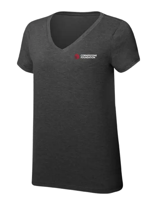 Womens Simply Soft V-Neck Black Frost 4.5oz  Poly/Combed Ring Spun Cotton T-Shirt w/Cornerstone Foundation logo