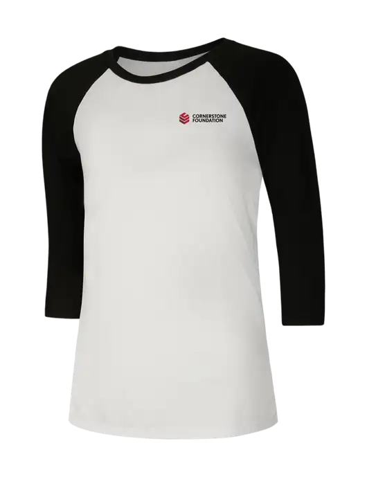 Womens Simply Soft 3/4 Sleeve Black/White Ring Spun Cotton T-Shirt w/Cornerstone Foundation logo