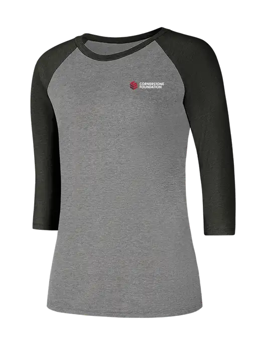 Womens Simply Soft 3/4 Sleeve Black Frost/Grey Frost Ring Spun Cotton T-Shirt w/Cornerstone Foundation logo