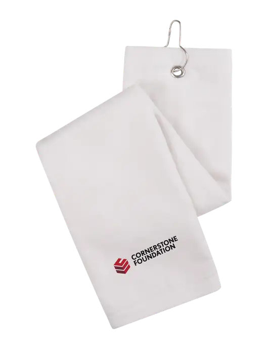 White Tri-Fold Golf Towel with Grommet w/Cornerstone Foundation logo