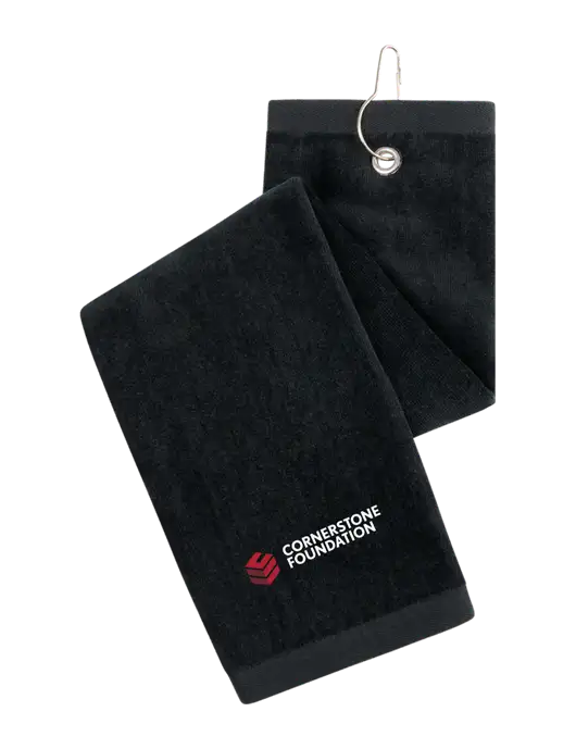 Black Tri-Fold Golf Towel with Grommet w/Cornerstone Foundation logo