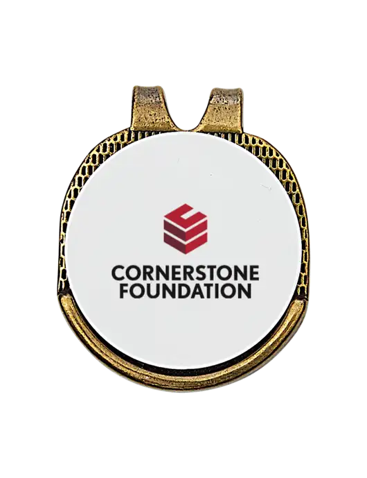 Antique Gold Hat Clip w/Golf Ball Marker w/Cornerstone Foundation Logo