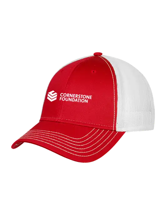 Red/White Mesh Trucker Cap Snap Back w/Cornerstone Foundation logo