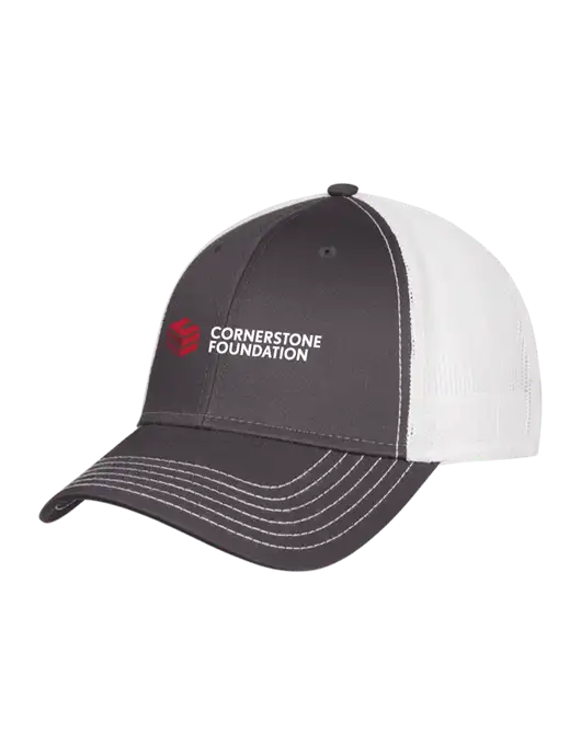 Dark Grey/White Mesh Trucker Cap Snap Back w/Cornerstone Foundation logo