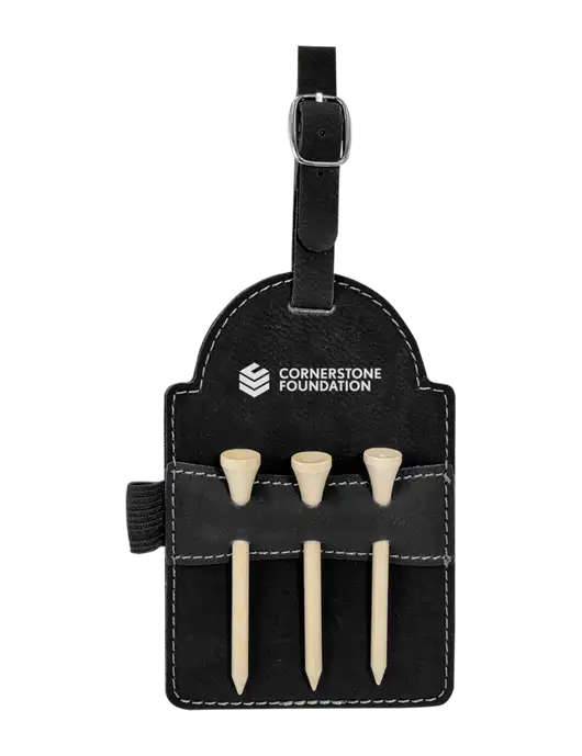 Black Leatherette Golf Bag Tag with 3 Wooden Tees w/Cornerstone Foundation logo