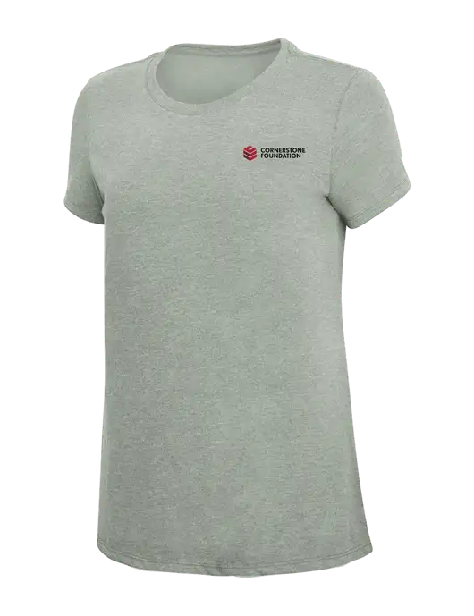 Womens Simply Soft Heathered Light Grey 4.5oz Poly/Combed Ring Spun Cotton T-Shirt w/Cornerstone Foundation logo