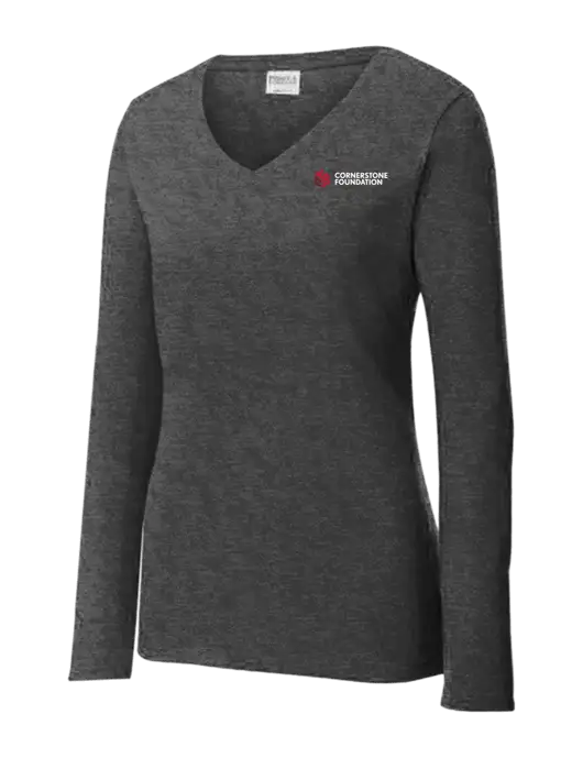 Womens  V-Neck Ring Spun Dark Heather Grey 4.5 oz Long Sleeve T-Shirt w/Cornerstone Foundation logo