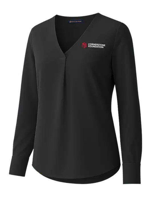 Brooks Brothers Womens Black Open-Neck Satin Blouse  w/Cornerstone Foundation logo