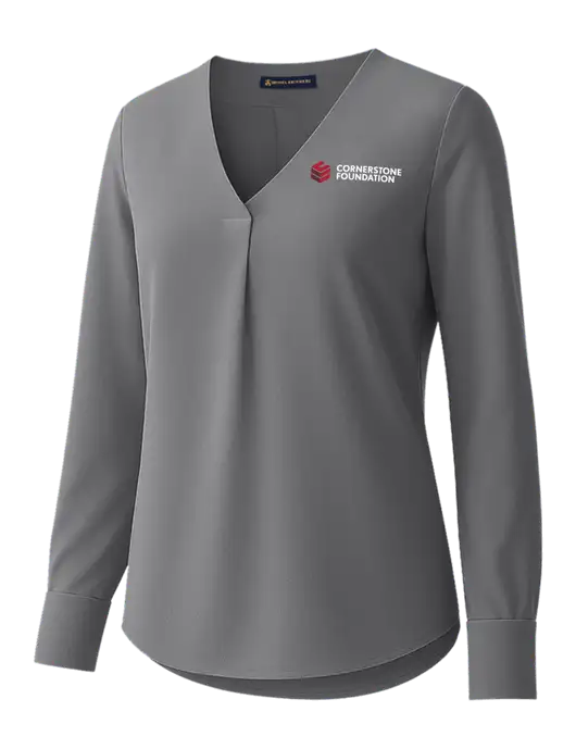 Brooks Brothers Womens Medium Grey Open-Neck Satin Blouse  w/Cornerstone Foundation logo