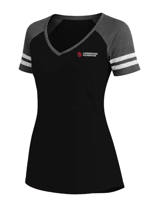 Womens Black/Charcoal Heather V-Neck Game Tee w/Cornerstone Foundation logo