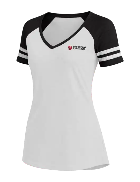 Womens White/Black V-Neck Game Tee w/Cornerstone Foundation logo