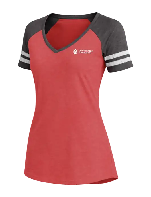 Womens Red Heather/Charcoal Heather V-Neck Game Tee w/Cornerstone Foundation logo
