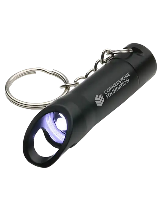 Black Pocket LED Flashlight with Bottle Opener & Keychain w/Cornerstone Foundation logo