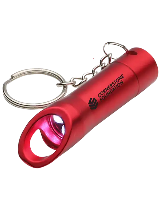 Red Pocket LED Flashlight with Bottle Opener & Keychain w/Cornerstone Foundation logo