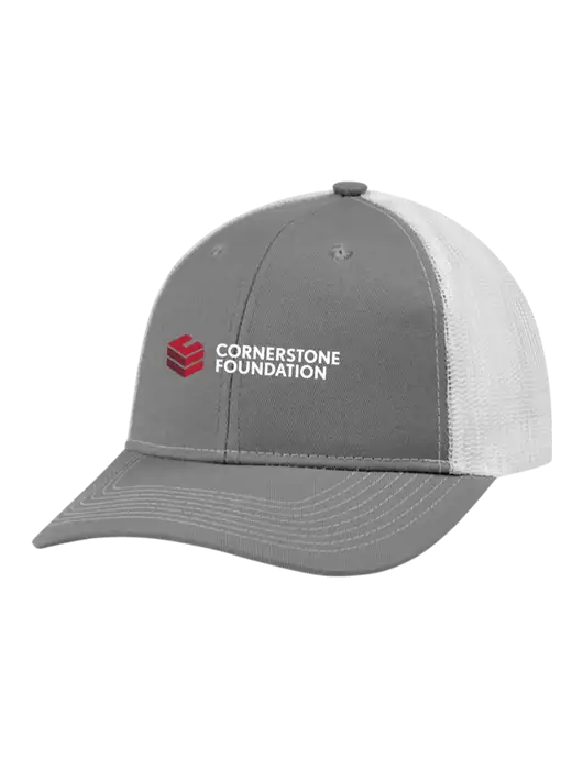 Snapback Ponytail Trucker Cap Light Medium Heather Grey w/White Mesh w/Cornerstone Foundation logo