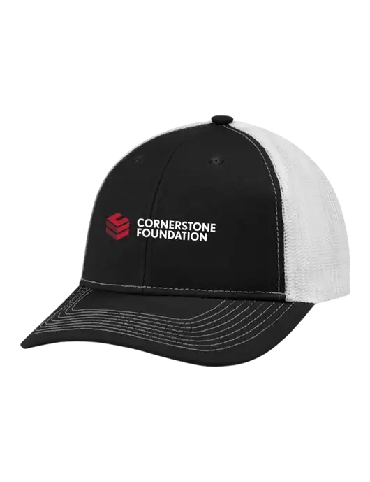 Snapback Ponytail Trucker Cap Black w/White Mesh w/Cornerstone Foundation logo