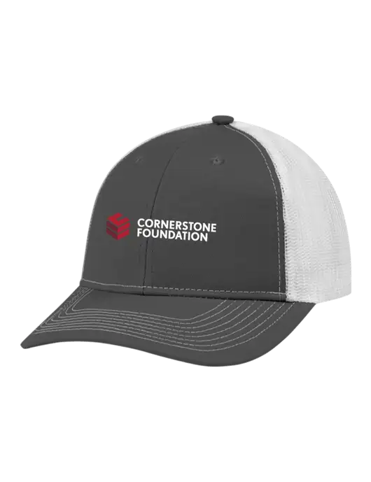 Snapback Ponytail Trucker Cap Dark Grey w/White Mesh w/Cornerstone Foundation logo