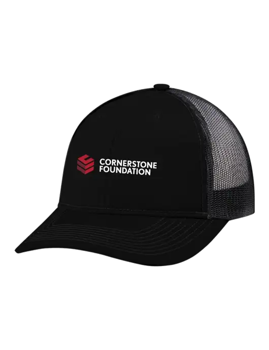 Snapback Ponytail Trucker Cap Black w/Black Mesh w/Cornerstone Foundation logo