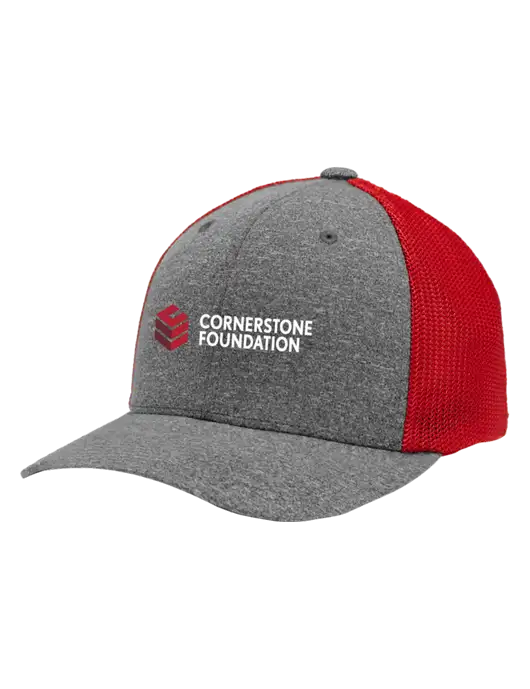 Flexfit Red/Medium Grey Heather Melange Mesh Back Trucker Cap w/Cornerstone Foundation logo