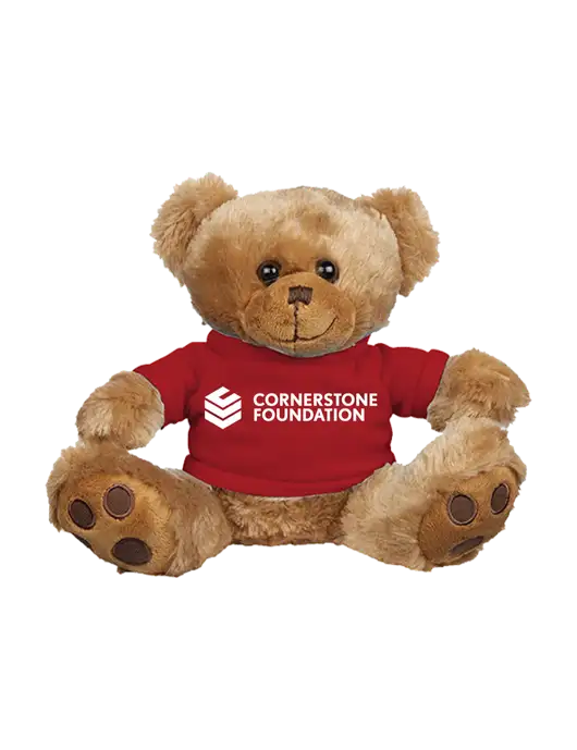 8 1/2 Cuddly Brown Bear With Red T-Shirt w/Cornerstone Foundation logo