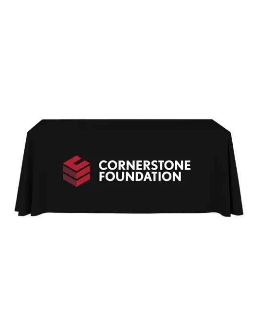 6' Stain-Resistant 4-Sided Black Table Cover w/Cornerstone Foundation logo