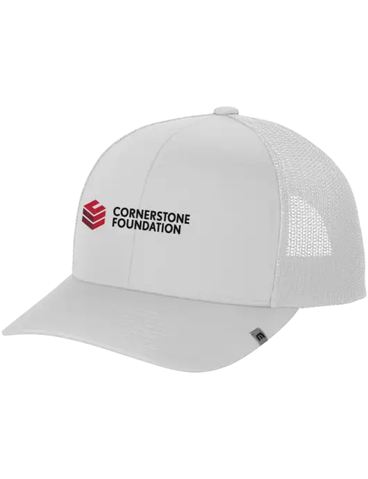 TravisMathew White Cruz Trucker Cap w/Cornerstone Foundation logo