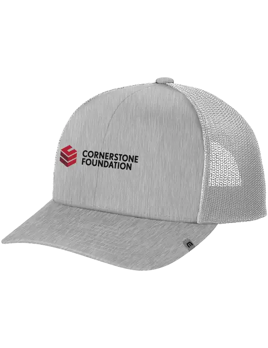 TravisMathew Light Medium Grey Heather Cruz Trucker Cap w/Cornerstone Foundation logo