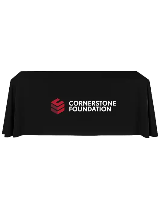 8' Stain-Resistant 4-Sided Black Table Cover w/Cornerstone Foundation logo