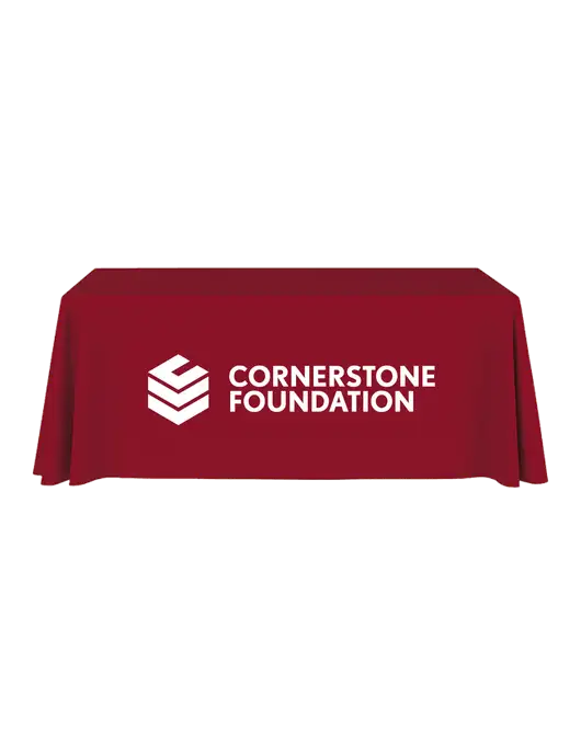 6' Stain-Resistant 4-Sided Red Table Cover w/Cornerstone Foundation logo