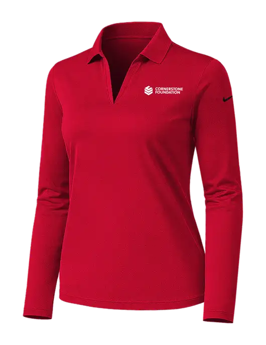 Nike Womens Red Dri-FIT Micro Pique 2.0 Long Sleeve Polo w/Cornerstone Foundation logo