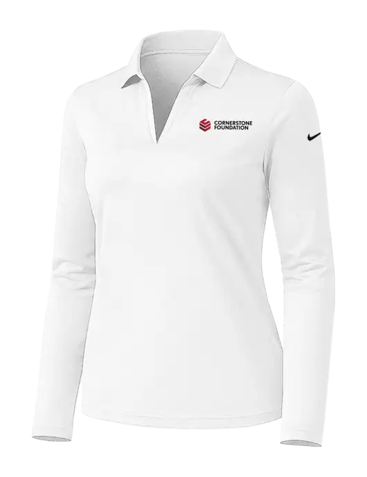 Nike Womens White Dri-FIT Micro Pique 2.0 Long Sleeve Polo w/Cornerstone Foundation logo