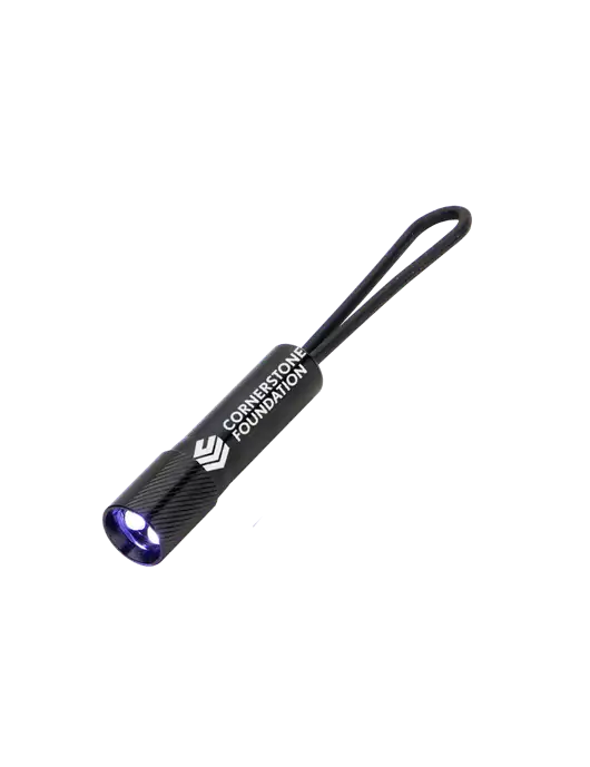 Mini Black LED Flashlight with Silicone Loop w/Cornerstone Foundation logo